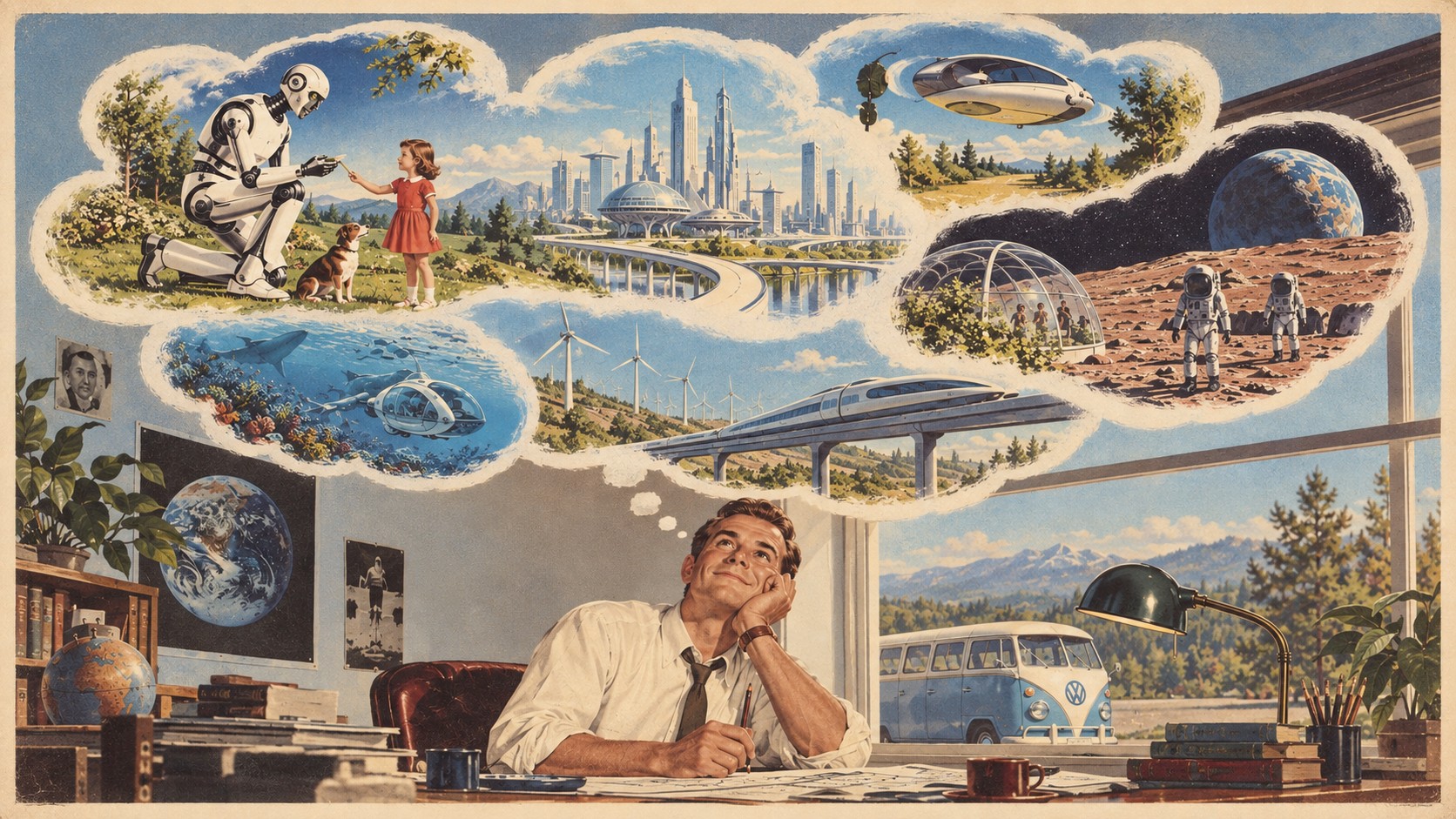 A vintage illustration of a curious person at a desk, imagining robots, space exploration and a brighter technological future.